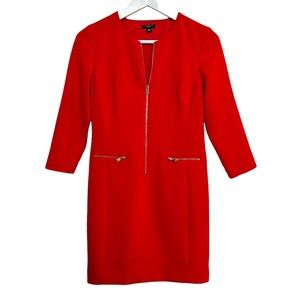 Ann Taylor Red Dress Long Sleeve Zip Front Mini Dress Collarless 0 Petite